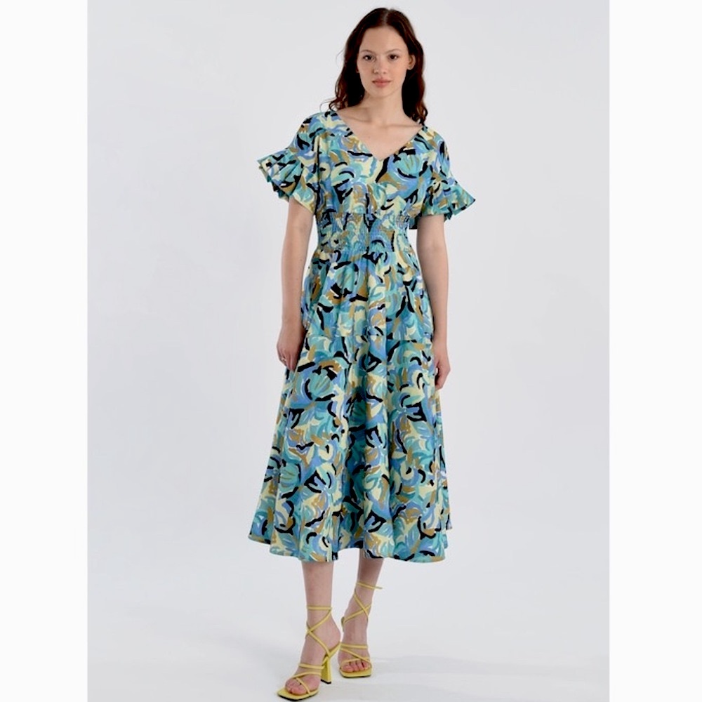 Lili Sidonio x Molly Bracken Geo Smocked Dress Mint Jeanne Midi